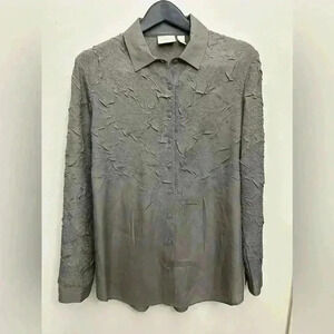 Chico's Women's Button Down Shirt Gray Crinkle Long Sleeve Career Office Size 1
